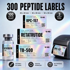 Puede incluir: Un conjunto de 300 etiquetas holográficas para péptidos en tres tamaños: 40x20 mm, 40x30 mm y 50x30 mm. Las etiquetas incluyen texto negro, un código QR y estructuras químicas. Incluye un vial de vidrio con etiqueta y una impresora de etiquetas.