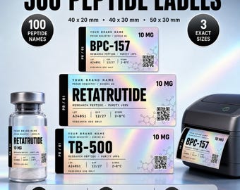 300 editierbare NIIMBOT-Peptid-Etiketten, 100 Namen in 3 holografischen Canvas-Größen, individuelle holografische Thermotransferetiketten | 40×20 mm & 50×30 mm