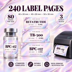 Puede incluir: Un conjunto de descarga digital de 240 páginas de etiquetas en tres tamaños: 40x20 mm, 40x30 mm y 50x30 mm. Las etiquetas tienen un fondo holográfico con texto que incluye 'YOUR BRAND', 'RETATRUTIDE', 'TB-500', 'BPC-157', 'LOT: XXXX', '10 MG', '5 MG' y 'FOR RESEARCH USE ONLY'.
