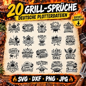 May include: A digital collection of 20 black and white graphic designs featuring German barbecue-themed phrases and illustrations of grills, spatulas, and flames. The text includes phrases like Grillmeister, Grillen & Chillen, and Grillkönig.
