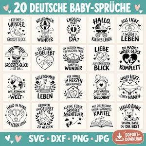 Pode incluir: Uma coleção digital de 20 designs gráficos em preto e branco com frases em alemão sobre bebês e ilustrações, incluindo bebês, corações, estrelas e arco-íris, apresentados em uma grade com o texto 20 DEUTSCHE BABY-SPRÜCHE.