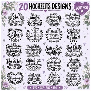 Pode incluir: Uma coleção digital de 20 designs de casamento em preto sobre um fundo roxo claro. Cada gráfico apresenta texto em alemão, coroas de flores, corações e ícones de casamento como anéis, pássaros e carros. O texto inclui frases como Ja, für immer.