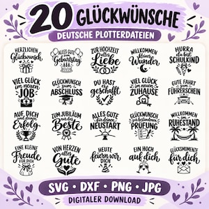 Op de afbeelding: Een digitale collectie van 20 Duitse wenszinnen in zwarte typografie, met iconen zoals cadeaus, taarten, ringen en palmbomen. De tekst bevat 20 GLÜCKWÜNSCHE, DEUTSCHE PLOTTERDATEIEN, SVG, DXF, PNG, JPG en DIGITALER DOWNLOAD.