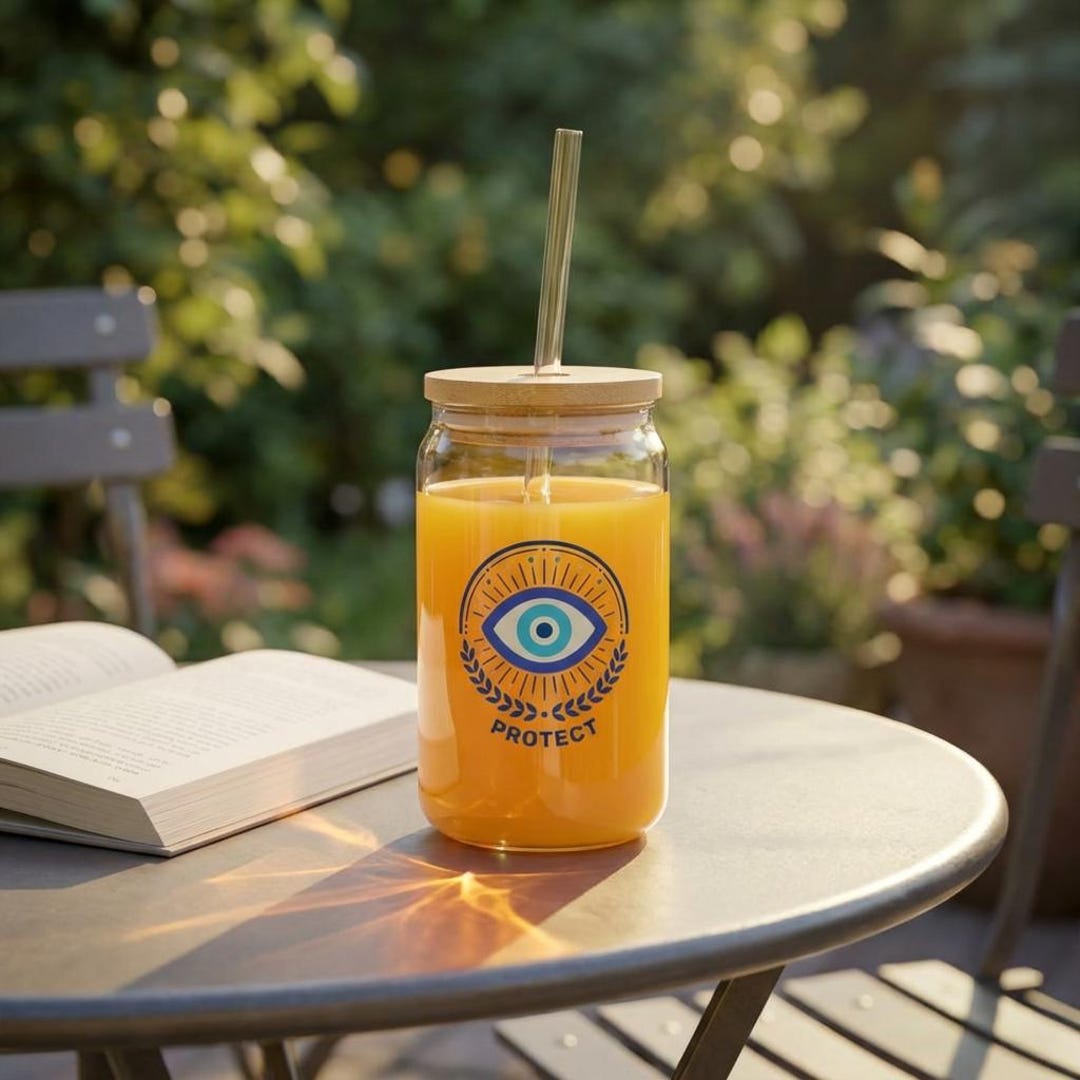 E2-evil Eye Protect|sipper Glass| 16oz | Glass Tumbler With Straw ...