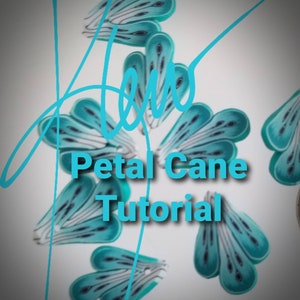 May include: Close-up of teal blue and white polymer clay petal cane slices. The image text reads "Petal Cane Tutorial".