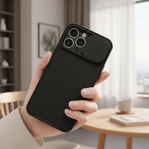 Puede incluir: Funda de teléfono negra con parte trasera texturizada y cubierta de lente de cámara. La funda tiene un diseño elegante y moderno y se sostiene en una mano. La funda está diseñada para proteger el teléfono de arañazos y daños.