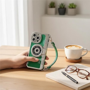 May include: Green and silver phone case designed to look like a vintage camera. The case has a green leather-like texture, a silver frame, and a green wrist strap. The camera lens is detailed with text.