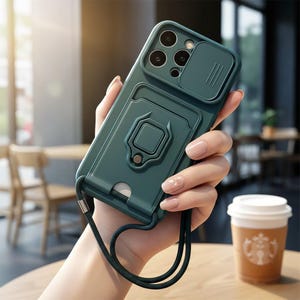 May include: A teal phone case with a camera cover, card holder, and ring grip. The case has a lanyard attached. The phone case is held in a person's hand, with a coffee cup in the background.