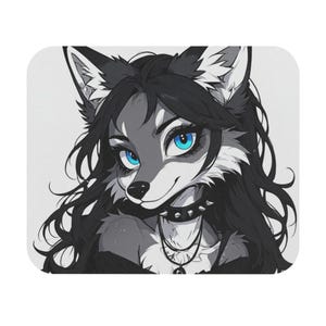 May include: A square mousepad featuring a stylized illustration of a wolf-like character with long black hair and striking blue eyes. The character wears a studded collar and a pendant necklace, set against a white background.