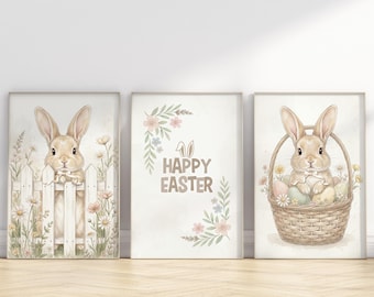Easter Bunny Wall Art Print Set, Watercolor Spring Decor, Farmhouse Nursery Happy Easter Printable