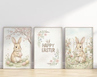 Watercolor Easter Bunny Print Set: Spring Floral Home Decor Nursery Art (Digital Download)