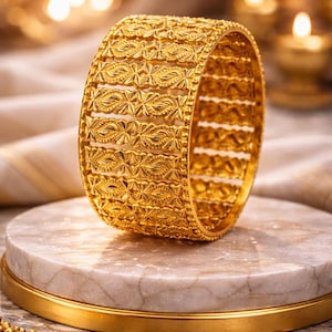Gold Tone Engraved Bangle, Traditional Indian Ethnic Statement Jewelry, Bridal Cuff