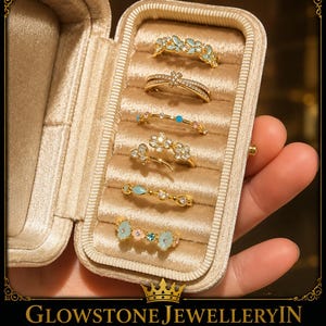 May include: A collection of six gold-toned rings displayed in a beige velvet jewelry box. The rings feature various designs including light blue enamel butterflies, clear crystals, and floral motifs. The text GLOWSTONE JEWELLERYIN is visible.