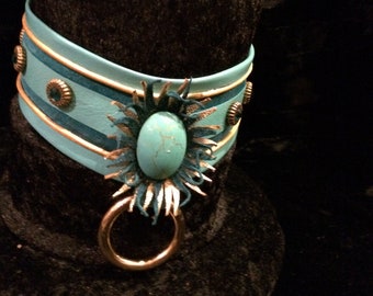 テッシーズフラワー〜ターコイズレザー首輪