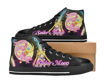 Sneakers alte personalizzate di Sailor Moon, calzature in tela streetwear a tema anime.