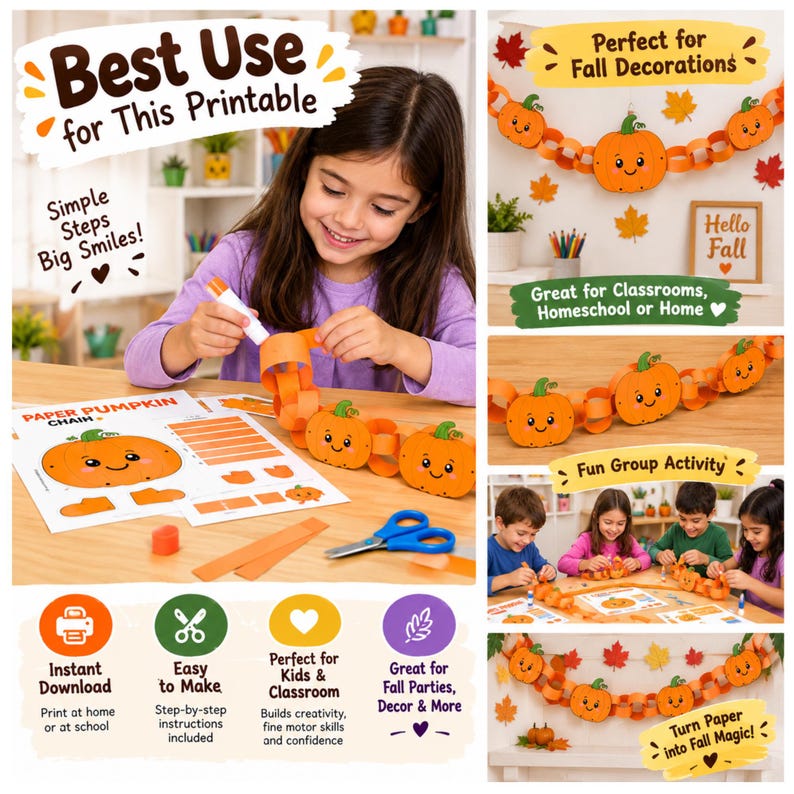 May include: A printable paper pumpkin chain craft kit featuring orange pumpkin cutouts with smiling faces, paper strips for linking, and instructional text including Best Use for This Printable, Simple Steps Big Smiles, and Instant Download.