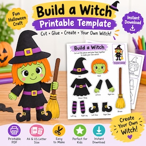 May include: A Build a Witch printable template featuring a green-skinned witch character with orange hair, a black hat with a purple band, and a black dress. The template includes cut-out pieces for the head, hat, dress, arms, legs, shoes, and broom.