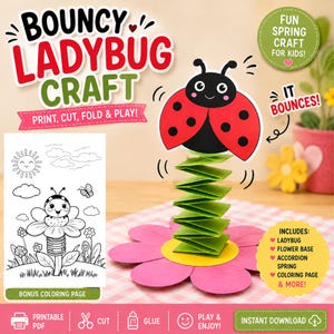 Puede incluir: Un kit de manualidades de papel con una mariquita roja y negra sobre un resorte de acordeón verde unido a una base de flor rosa. La imagen incluye el texto: BOUNCY LADYBUG CRAFT, PRINT, CUT, FOLD & PLAY!, IT BOUNCES!, FUN SPRING CRAFT FOR KIDS!.