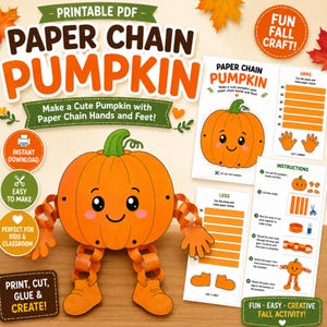 Può includere: Un kit artigianale in PDF stampabile per una zucca a catena di carta. Il kit include istruzioni, modelli per il corpo della zucca, strisce di carta arancione per braccia e gambe e ritagli per mani e piedi. La zucca finita è di colore arancione.