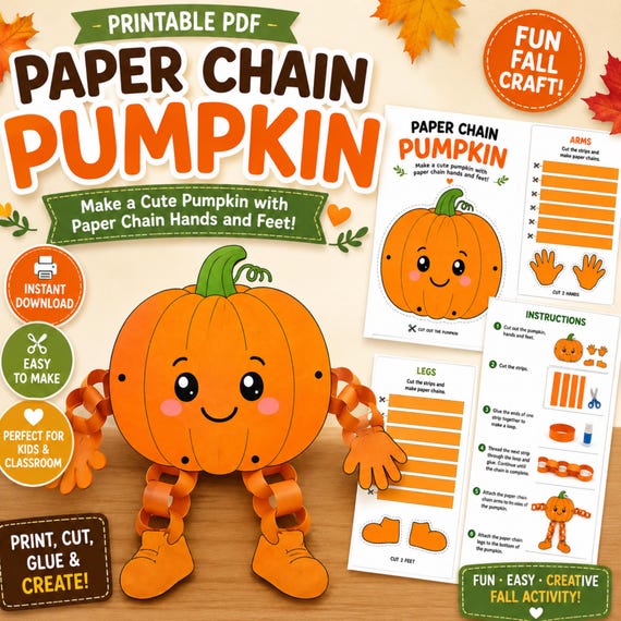 Pumpkin Paper Chain Craft Printable | Fall Kids Activity (PDF)