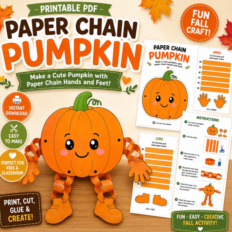 May include: A printable PDF craft kit for a paper chain pumpkin. The kit includes instructions, templates for a pumpkin body, orange paper strips for arms and legs, and hand and foot cutouts. The finished pumpkin is orange with a green stem.
