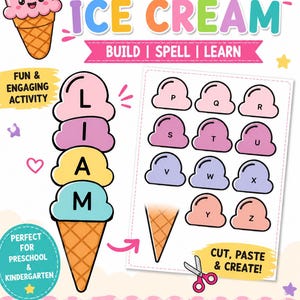 Puede incluir: Una hoja de actividades educativas imprimible titulada NAME CRAFT ICE CREAM. Presenta un gráfico de un cono de helado con el nombre LIAM deletreado en bolas de helado, junto a una hoja de bolas con letras para recortar de la P a la Z y un cono.