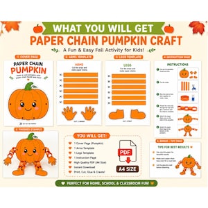May include: A digital craft kit for a paper chain pumpkin, featuring a cover page, arm and leg templates, and instructions. The set includes a finished example, a list of contents, and tips for assembly, all formatted as a high-quality A4 PDF.