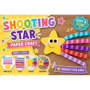 May include: A shooting star paper craft kit featuring a yellow star with googly eyes and pink cheeks, accompanied by colorful accordion-folded paper strips. The display includes text reading SHOOTING STAR PAPER CRAFT, SIMPLE STEPS, and EASY & FUN.