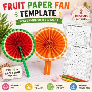 May include: A fruit paper fan template set featuring two designs: watermelon and orange. Includes two assembled circular paper fans with handles, two black and white printable template sheets, and colored pencils. Text reads: FRUIT PAPER FAN TEMPLATE, WATERMELON & ORANGE, 2 DESIGNS INCLUDED, COLOR + BLACK & WHITE VERSION.