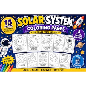 May include: A set of 15 printable solar system coloring pages featuring illustrations of the Sun, Earth, Saturn, a rocket, an astronaut, Mercury, Mars, Jupiter, the Moon, and asteroids. Each page includes a fun space fact and a black and white design.