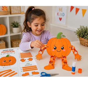 May include: A paper craft kit featuring a printed sheet with instructions and parts to assemble a pumpkin character. The finished pumpkin has a round orange body with a smiling face, green stem, and paper chain arms and legs with hands and feet.
