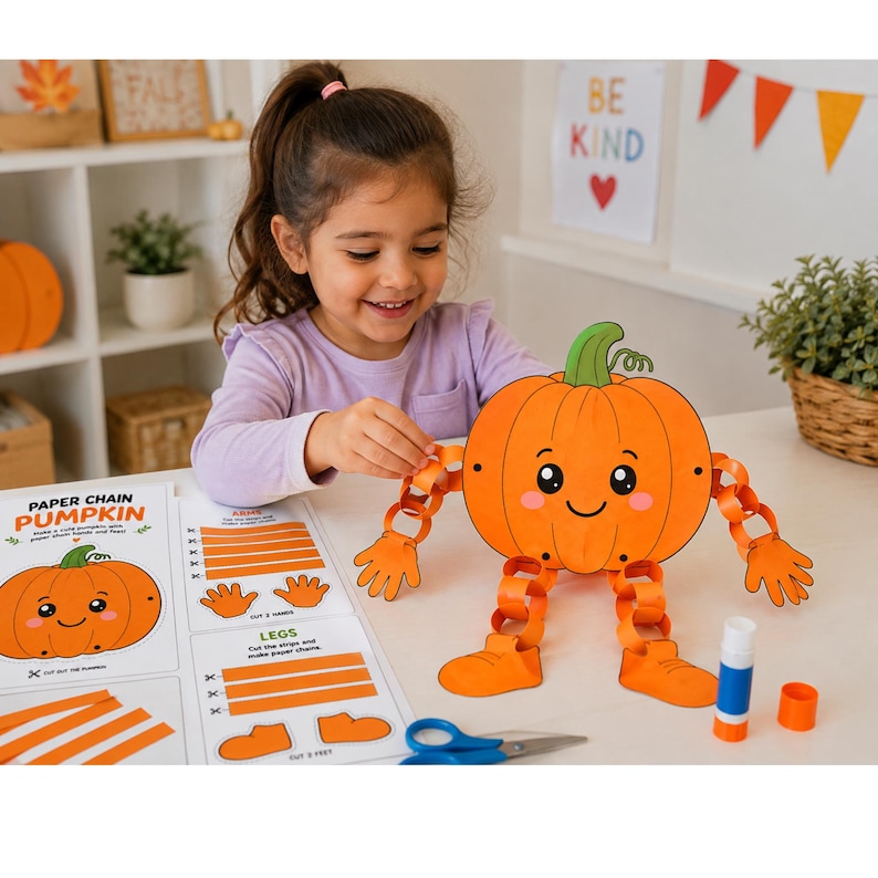 May include: A paper craft kit featuring a printed sheet with instructions and parts to assemble a pumpkin character. The finished pumpkin has a round orange body with a smiling face, green stem, and paper chain arms and legs with hands and feet.