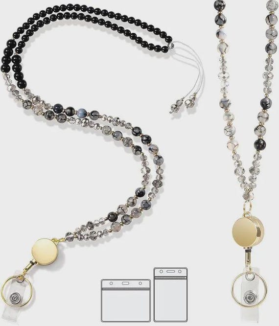 Natural Stone Beaded Retractable Lanyard, Handmade ID Badge Holder