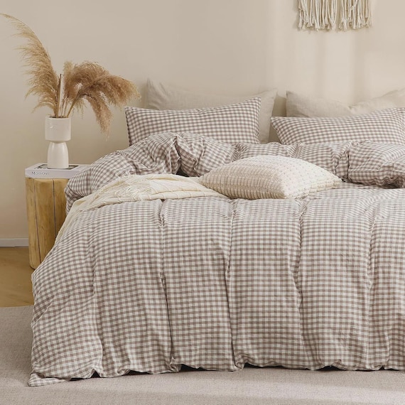 Tan Gingham Duvet Cover Set – Washed Cotton Linen-Like Bedding