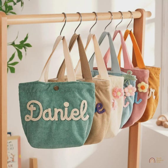 Embroidered Corduroy Lunch Bag – Personalized Yarn Name, Handmade Insulated Tote