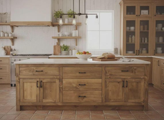 Oak Kitchen Island with Storage, Foldable Countertop & Power Outlet