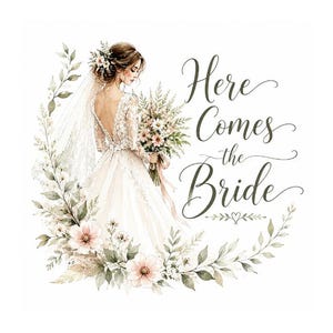 Puede incluir: Ilustración en acuarela de una novia con un vestido de novia blanco, sosteniendo un ramo de flores. La novia está rodeada de elementos florales y vegetación. El texto "Here Comes the Bride" está escrito en una elegante escritura.