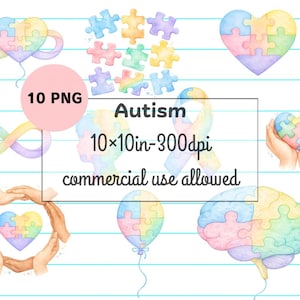 Autism Watercolor Clipart Puzzle Bundle PNG Sublimation Design Instant Download