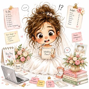 May include: A cartoon illustration of a person in a white wedding dress and veil holding a notebook labelled Wedding Plans. Surrounded by sticky notes with to-do lists, a laptop, a mug labelled Bride Fuel, floral arrangements, and books.
