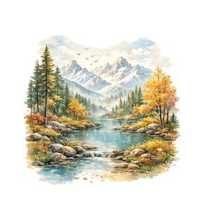 Könnte beinhalten: Aquarellmalerei einer ruhigen Berglandschaft. Ein ruhiger blauer Fluss fließt durch ein Tal, umgeben von Bäumen mit Herbstlaub. Schneebedeckte Berge erheben sich im Hintergrund unter einem bewölkten Himmel. Vögel fliegen darüber.