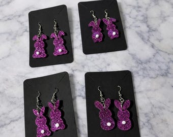 Glitter Purple Bunny Earrings, Acrylic Stud or Dangle, Spring Easter Jewelry