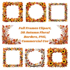 May include: A collection of digital graphic assets featuring various square and corner frames decorated with autumn elements including orange pumpkins, yellow sunflowers, red apples, brown acorns, pinecones, wheat stalks, and colorful fall leaves.