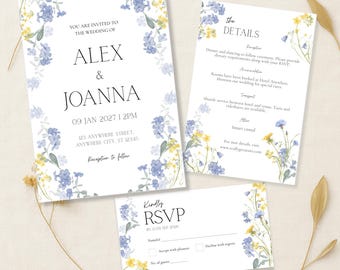 Elegant Blue and Yellow Floral Design - Wedding Invitation Details RSVP Set