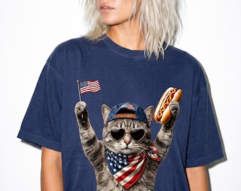 Comfort Colors Patriotic Cat Shirt, Funny 4th Of July Cat Tee, America Hot Dog Shirt, USA Flag Cat Lover Gift, Retro Summer BBQ Tee