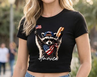 Patriotic Raccoon Baby Tee, America Hot Dog Crop Shirt, Funny 4th of July Baby Tee, Retro USA Flag Animal Shirt, Women’s Summer BBQ Tee