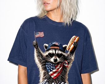 Comfort Colors® Patriotic Raccoon Shirt, Funny 4th of July Hot Dog Tee, Retro American Flag Animal Shirt, USA Summer BBQ T-Shirt