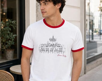 Dinner Party Ringer Tee, Vintage Red Trim Graphic Shirt, Indie Pop Fan Tee, Supper Club Concert Outfit, Music Lover Gift