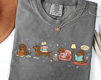 Comfort Colors Dachshund Book Lover Shirt, Reading Wiener Dog Tee, Bookish Doxie Shirt, Cozy Dog Mom Gift