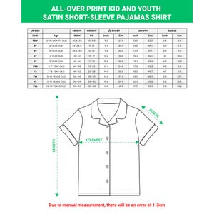 May include: A size chart for an all-over print kid and youth satin short-sleeve pajamas shirt. The graphic includes a table with US size, age, height in inches, weight in kg, and 1/2 chest, length, and sleeve measurements in inches and cm.