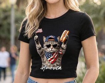 Patriotic Cat Baby Tee, Funny 4th Of July Crop Top, America Hot Dog Shirt, USA Flag Cat Lover Gift, Retro Summer BBQ Tee